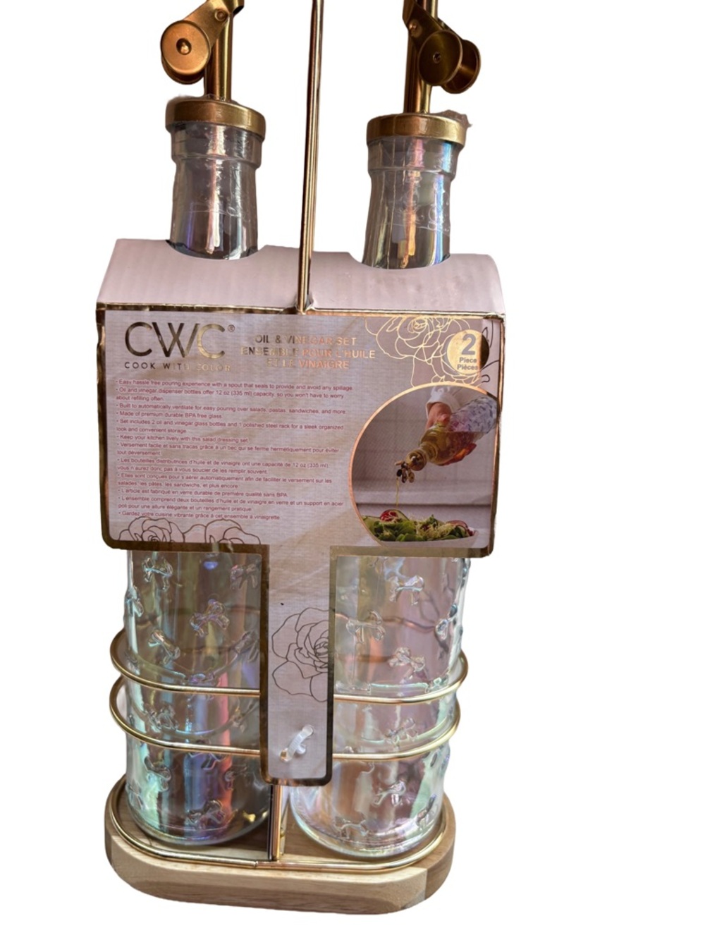 CWC Iridescent Glass Oil & Vinegar Dispenser Set - Gold Rack